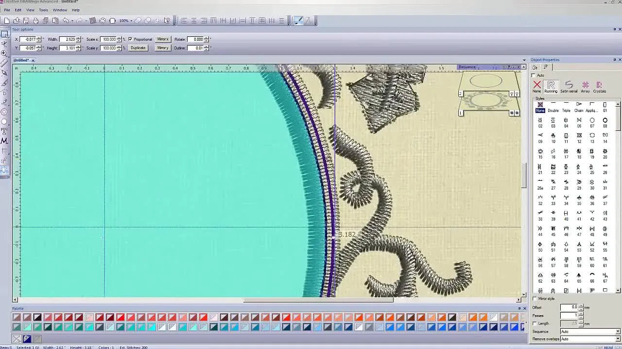 A zoomed-in screen view shows two parallel running-stitch lines—one for tack-down and one designated for cutwork—inside an embroidery frame design.