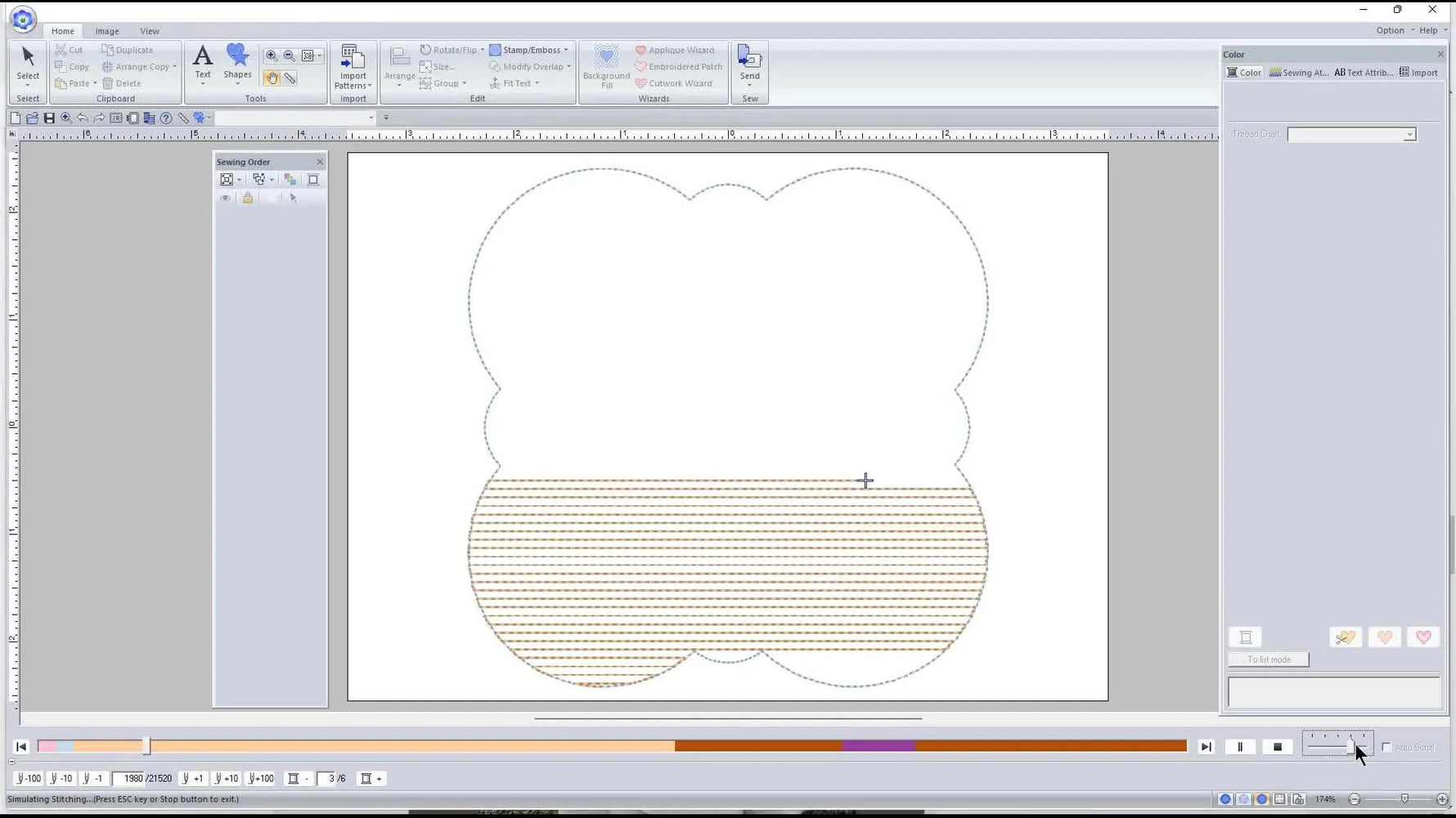 A slow-redraw simulator view shows the knockdown grid filling the frame interior before the satin border and lettering stitch out.