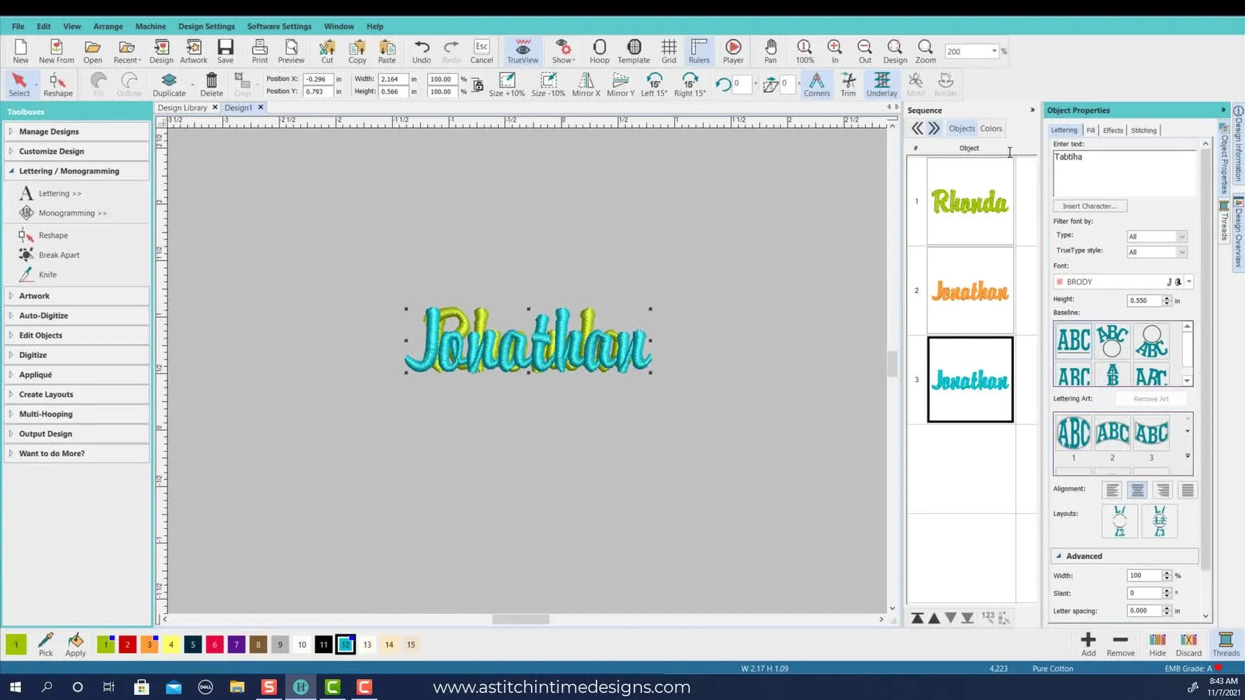 A full-screen view of Hatch showing multiple stacked name objects in the Sequence panel, each assigned a different color to force machine stops between names.