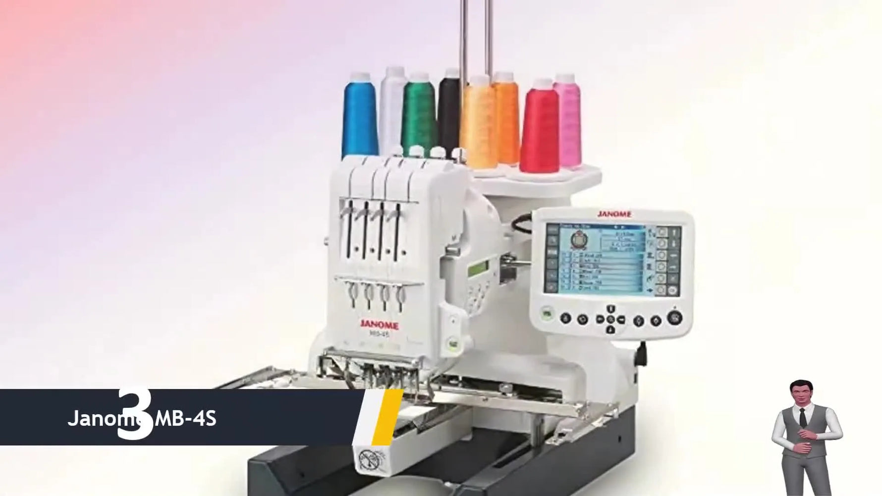 A wide shot of the Janome MB-4S four-needle embroidery machine loaded with multiple thread spools, ready for multi-color production.