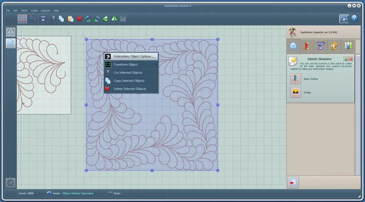 The finished 15 cm x 15 cm square feather-swirl design is shown as clean outlines over a grid, ready to convert into a stitchable embroidery object.
