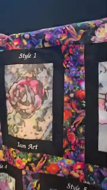 A close-up stitched sample labeled “Style 1 (Icon Art)” showing how the Brother Aveneer EV1’s AI conversion looks on fabric.