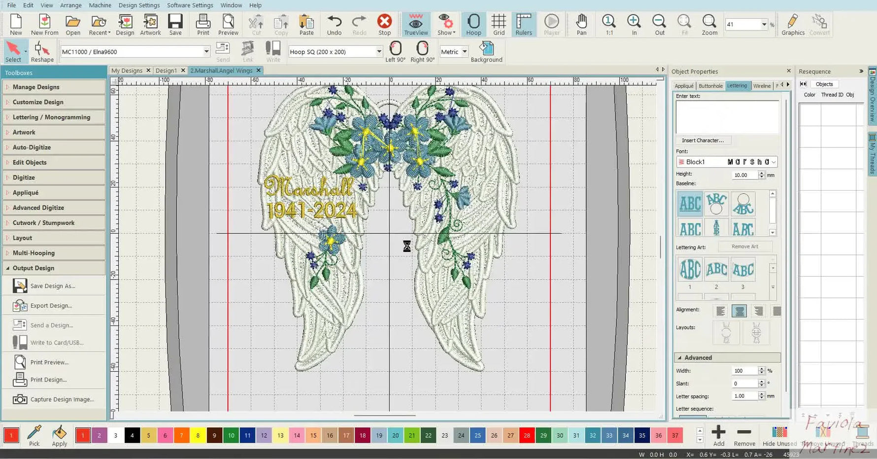 MBX v5 shows the full “Marshall Angel Wings” design on the canvas, ready to diagnose whether it’s stitches, objects, or a risky mix of both.