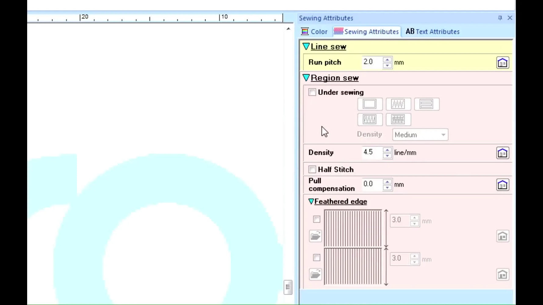 Close-up of the PE-DESIGN NEXT Sewing Attributes pane showing Density 6.5, Pull Compensation 0.1 mm, and Half Stitch enabled.
