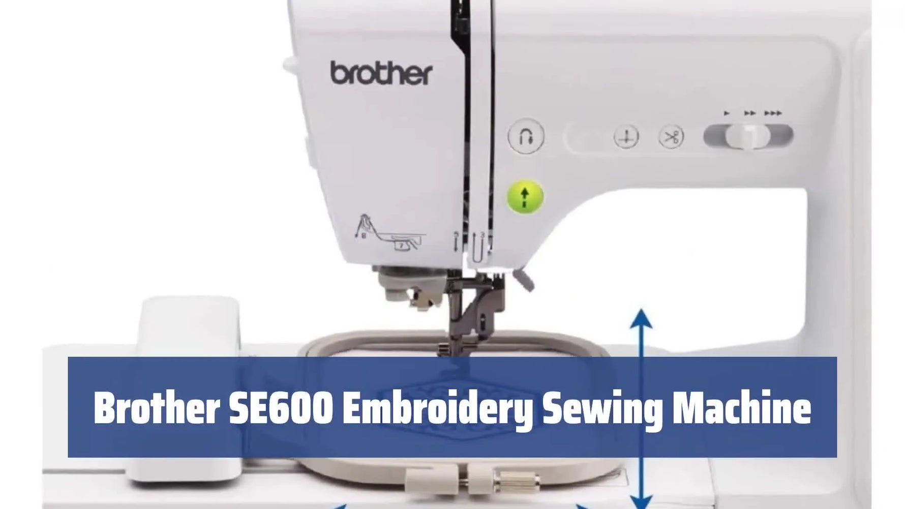 A Brother SE600 sits with the embroidery arm attached and a 4x4 hoop loaded, ready for a first embroidery stitch-out.