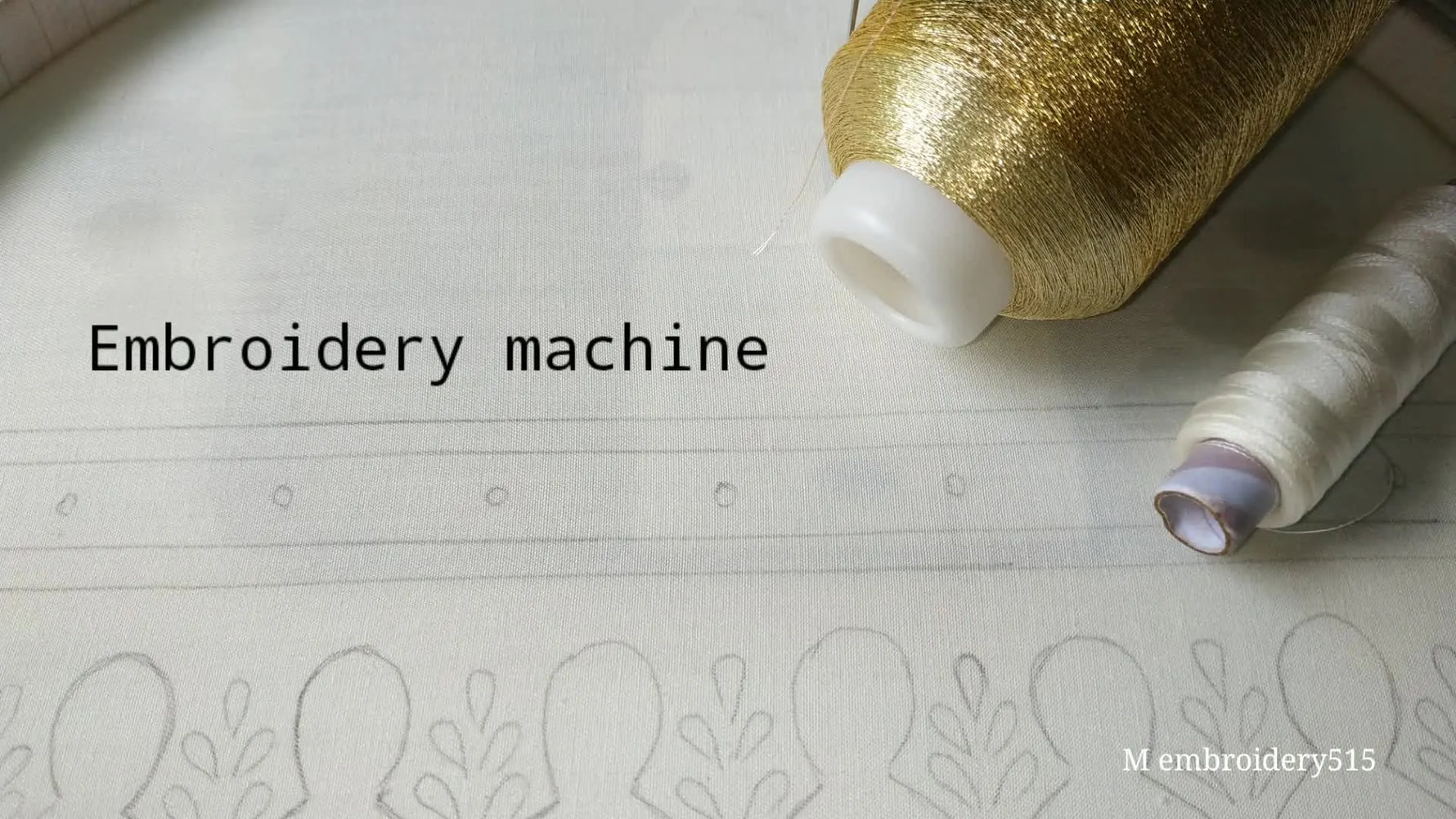Introductory frame showing 'Cut work Embroidery machine' text, spools of gold and white thread, and a hooped fabric with a traced pattern.