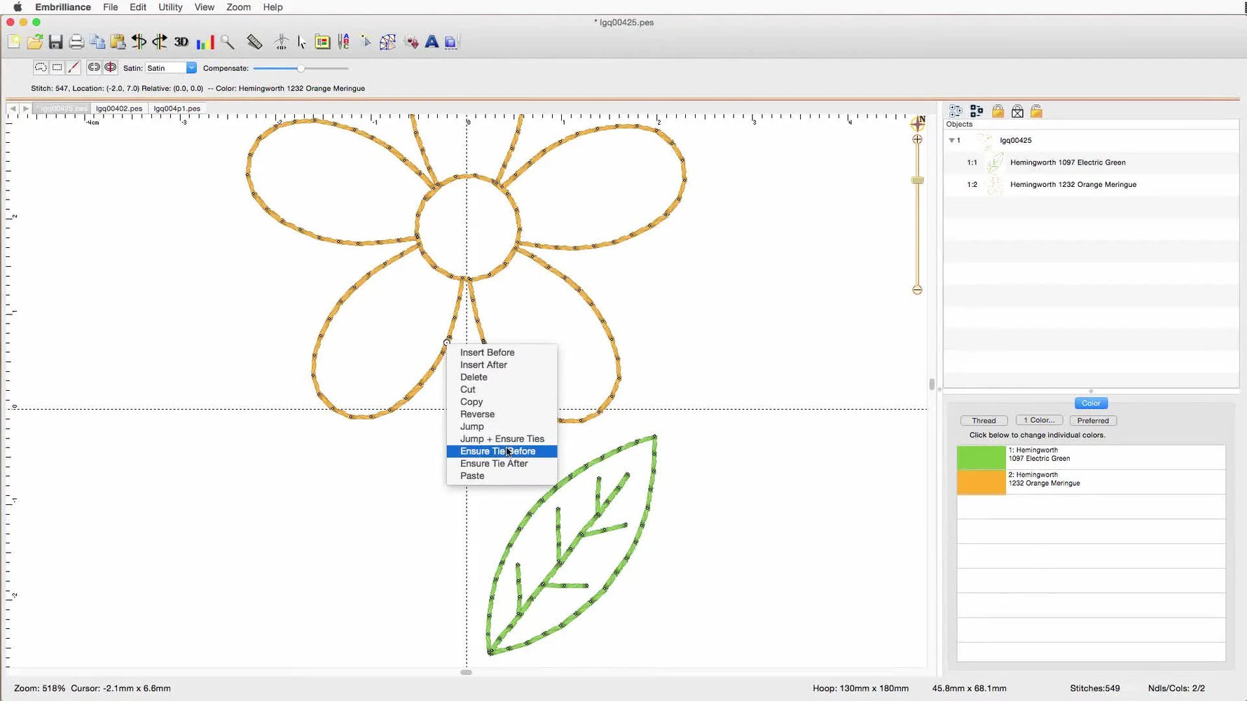 A close-up of the Embrilliance context menu highlighting the tie-stitch option used to prevent edited elements from unraveling.
