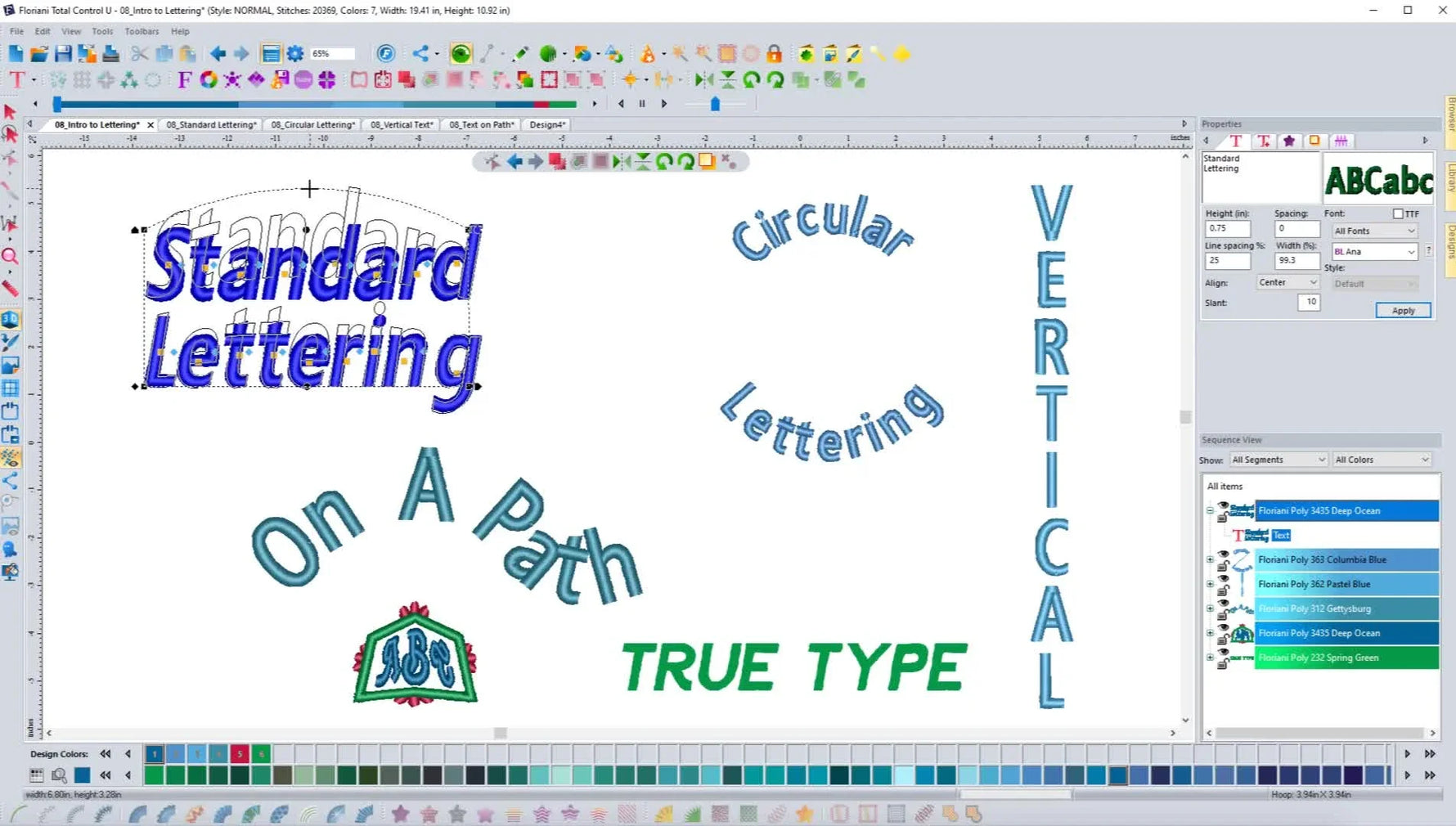 FTC-U screen capture showing the top-center curve control being dragged to arc a text line upward.
