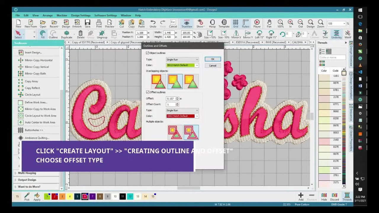 A finished Hatch screen-capture showing a name patch with script lettering, three flower shapes, a cream offset background, and a hot-pink satin border.