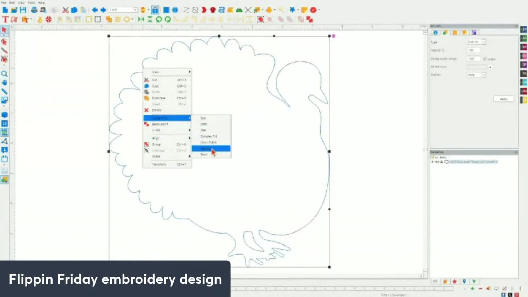 Embroidery software showing turkey outline with right-click menu and 'Convert to Applique' selected.