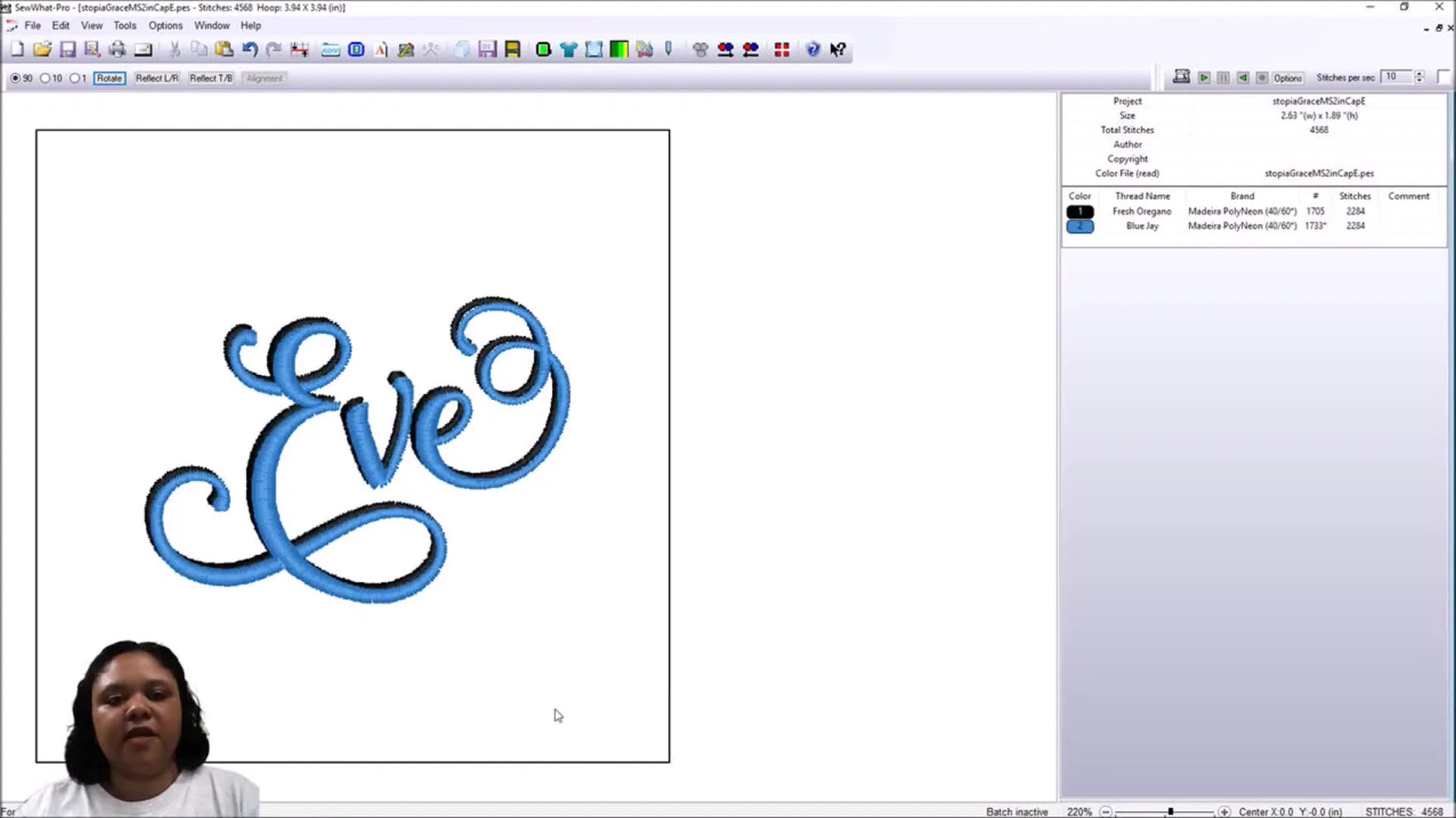 A SewWhat‑Pro screen capture shows the duplicated name layer dragged slightly off the base layer to create a two‑tone shadow effect.