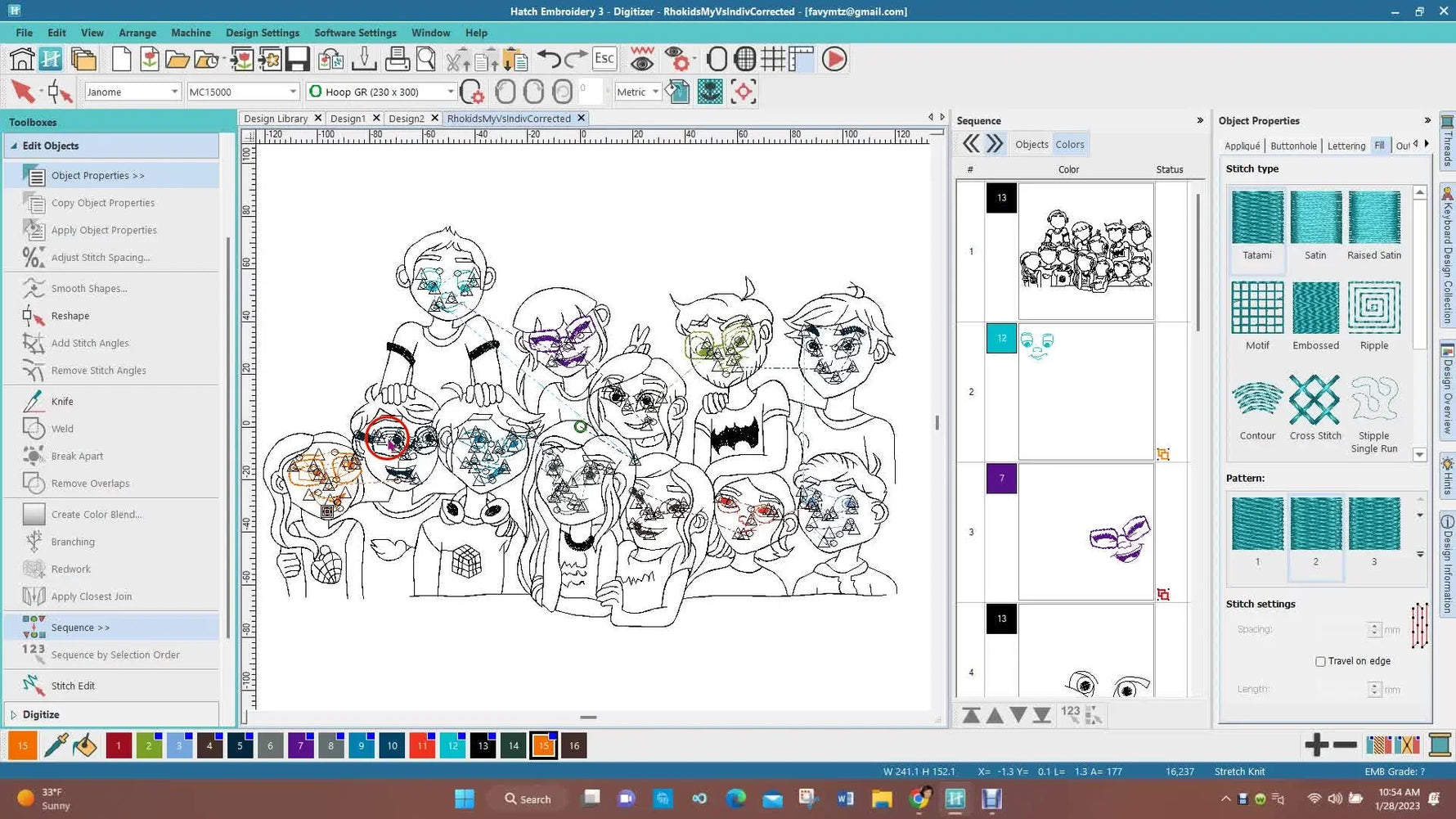 A full-screen view of Hatch Embroidery showing a multi-character redwork design with the sequence panel and objects ready for pathing cleanup.
