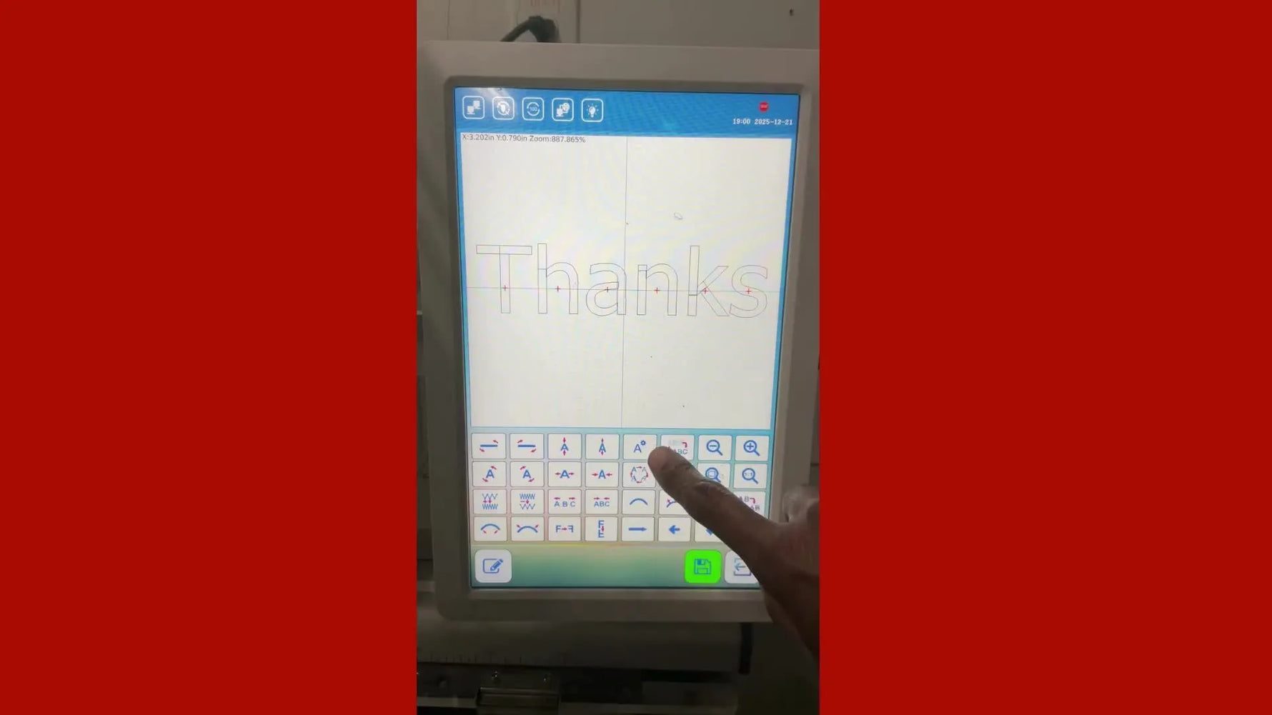 A close-up of the Dahao-style embroidery machine screen highlighting the A-with-gear Advanced Settings icon used to correct built-in font sizing.