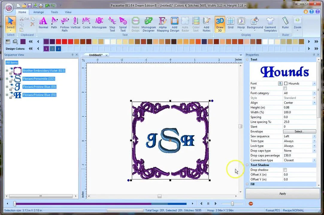 The finished monogram design sits on the main BES 4 workspace canvas, ready for resizing, recoloring, and saving.