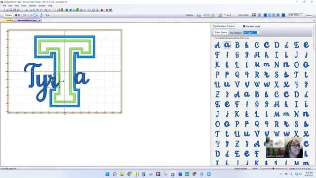 A SewWhat-Pro screen capture showing the name “Tyra” perfectly centered and aligned over a varsity appliqué “T”.