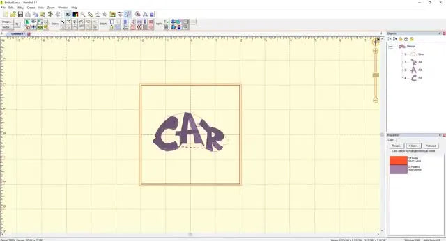 A completed “CAR” design reshaped to fill a car silhouette, shown as a filled stitch preview inside a 4x4 hoop boundary.