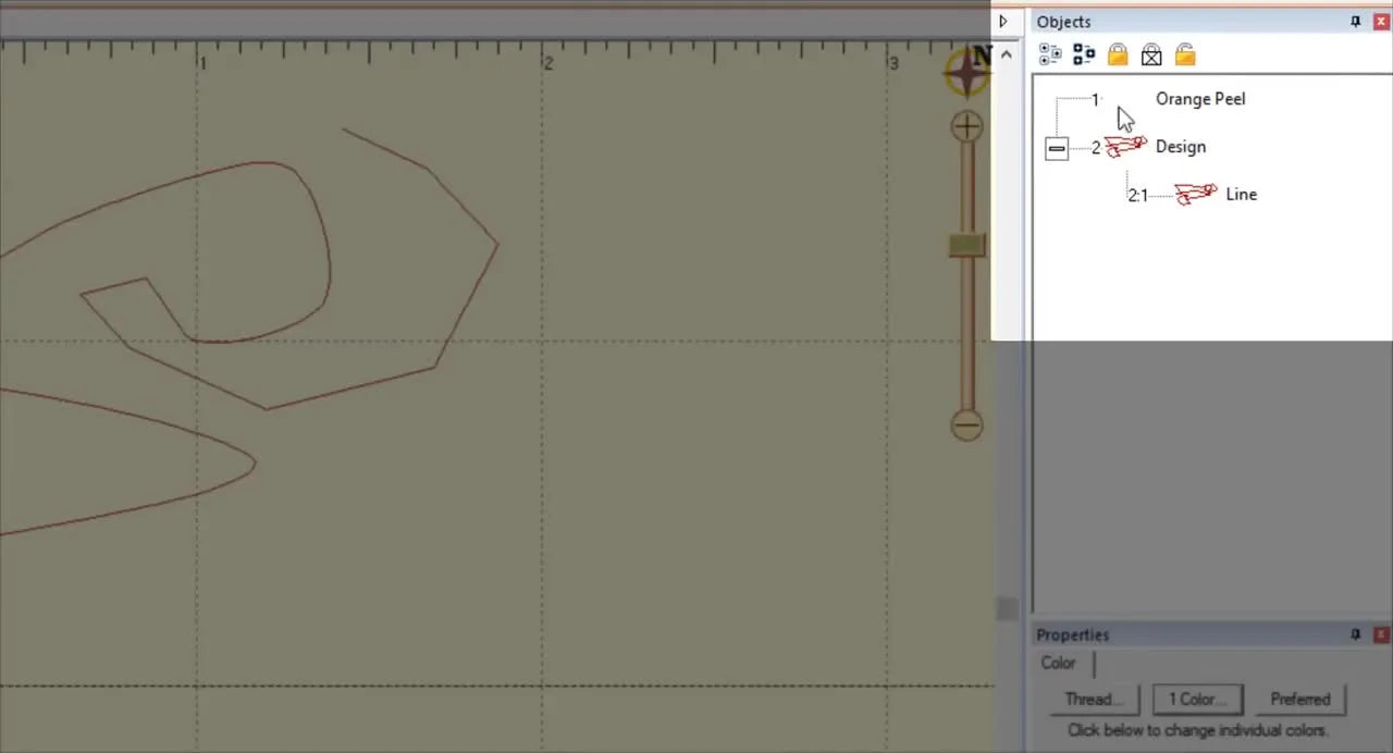 The Object Tree is highlighted to show the difference between a simple artwork “Line” and a stitched embroidery object, which is the key moment where Embrilliance starts behaving the way you expect.