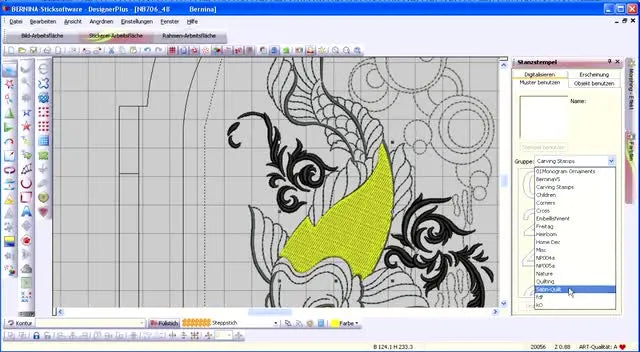 A screen capture shows Bernina Embroidery Software V6 with Carving Stamp pattern #508 selected from the Satin-Quilt category to build a raised scale texture.