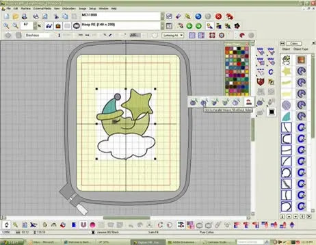 A close-up of the design after a manual click-fill restores the missing white cloud stitches inside the hoop boundary.
