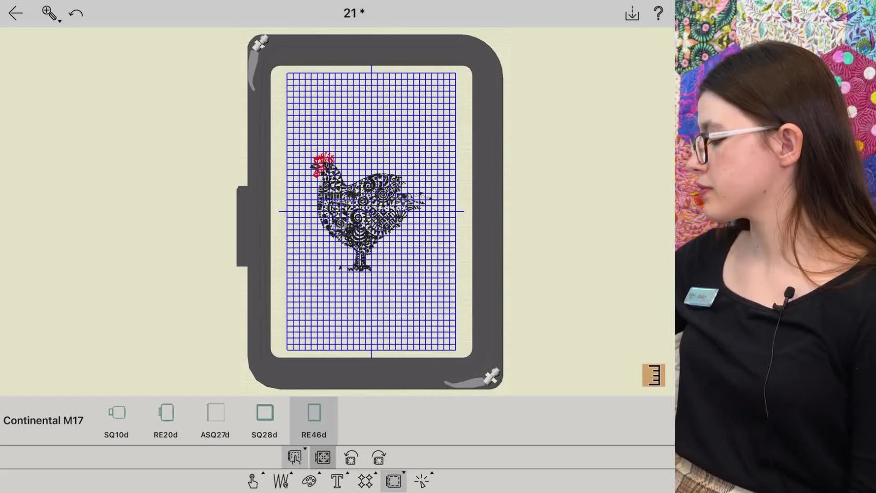 A resized chicken embroidery design fills the RE46d hoop grid on the iPad screen, ready to send wirelessly to the Janome Continental M17.