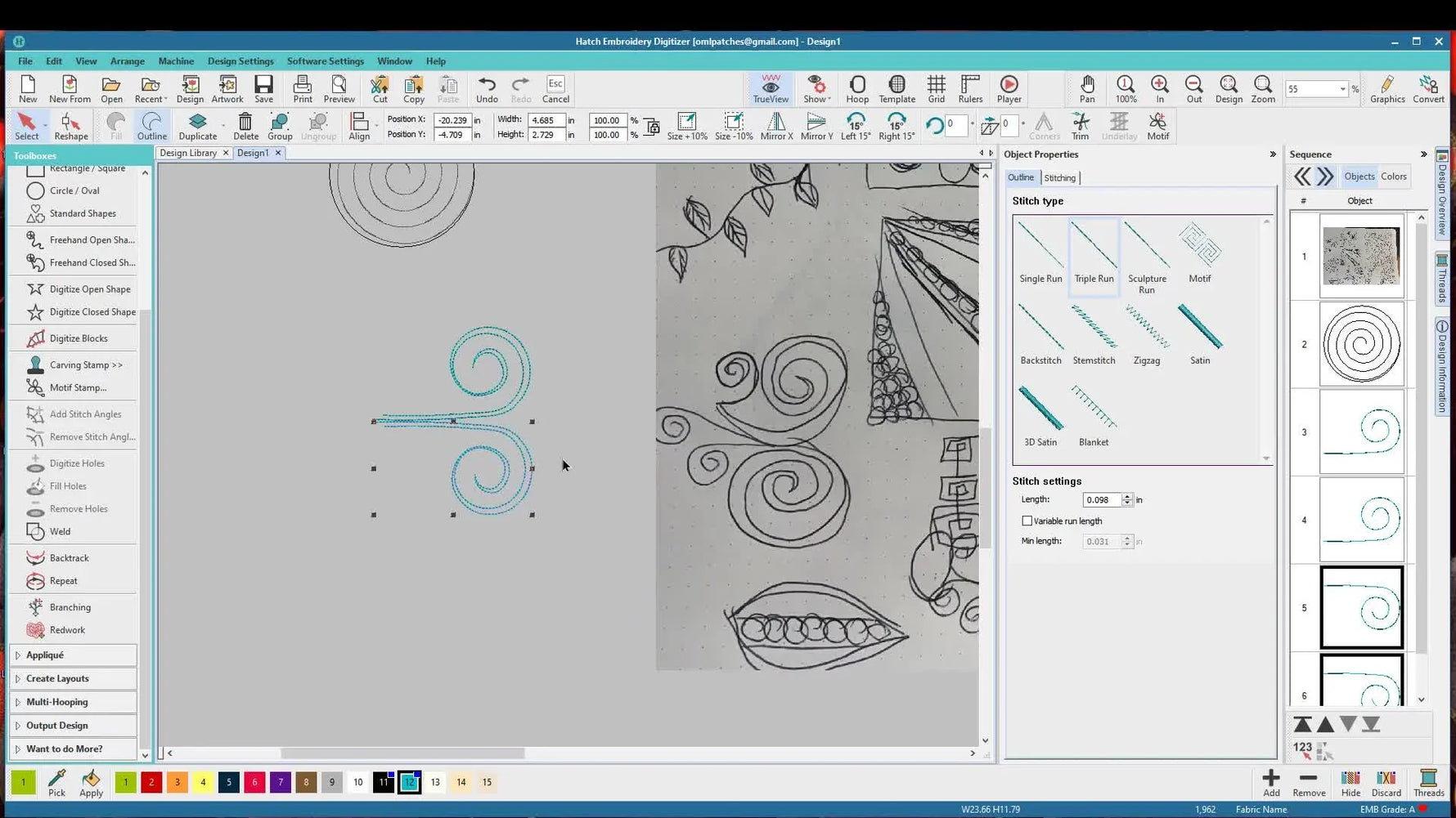 A completed swirl-frame monogram layout in Hatch, built from mirrored doodle swirls and refined with clean, continuous pathing.