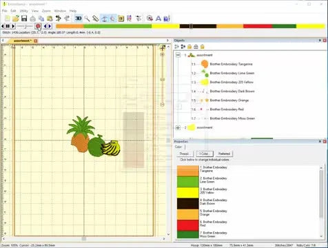 The thread color palette is open in Embrilliance Essentials as a new Stop is inserted to split an outline segment into its own editable object.