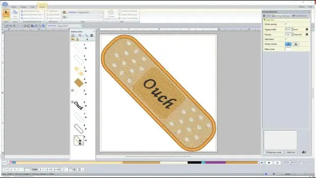 A screen capture shows the finished satin border forming around the “Ouch” text, highlighting the revised wider edge finish.
