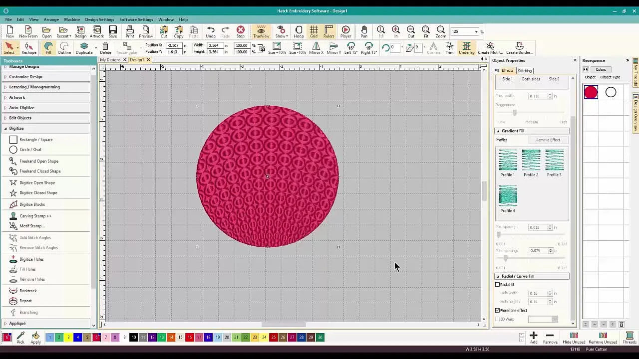 A Wilcom Hatch screen capture showing the Florentine Effect checkbox turning an embossed circle into a curved, 3D-looking sphere.