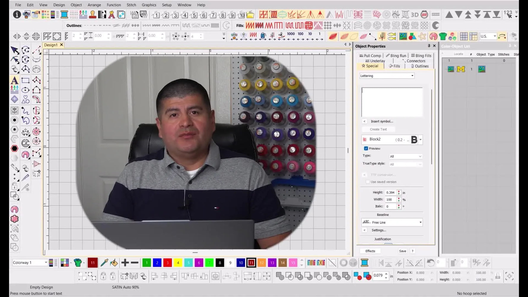 A Wilcom 2025 screen capture shows the same logo with exaggerated 2.00 mm spacing so the stitch-row gaps are easy to see.