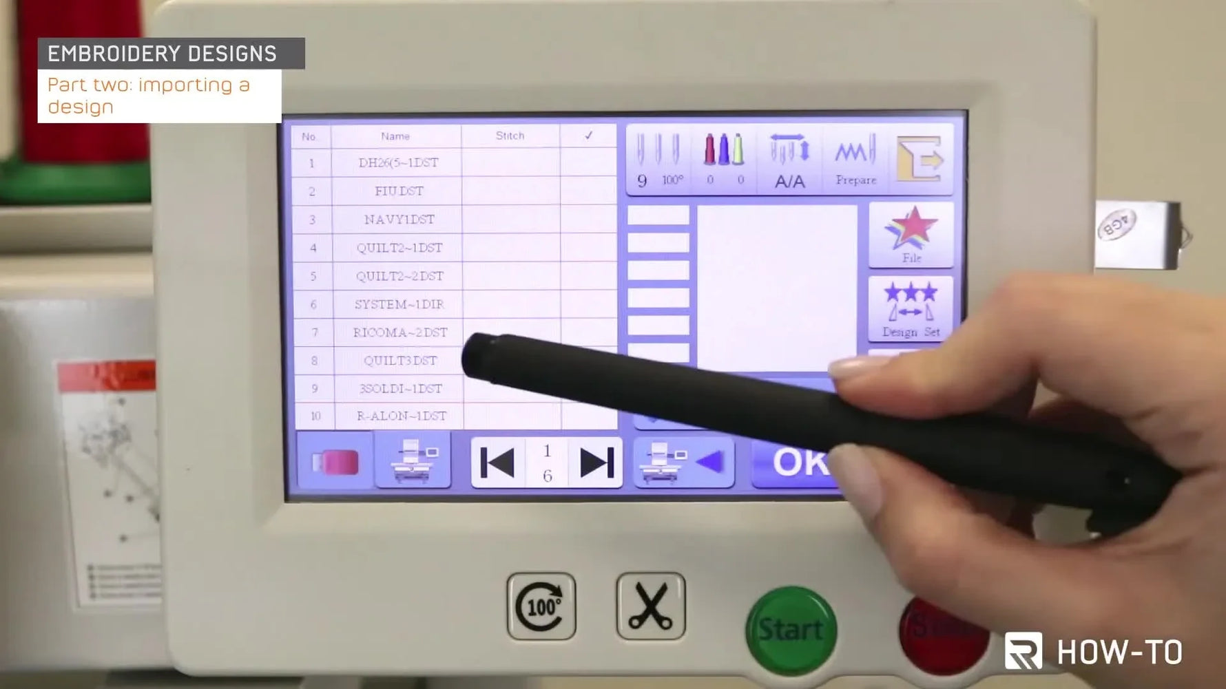 A close-up of the Ricoma MT-1501 file list where a DST design is selected and confirmed by the smiley-face icon.