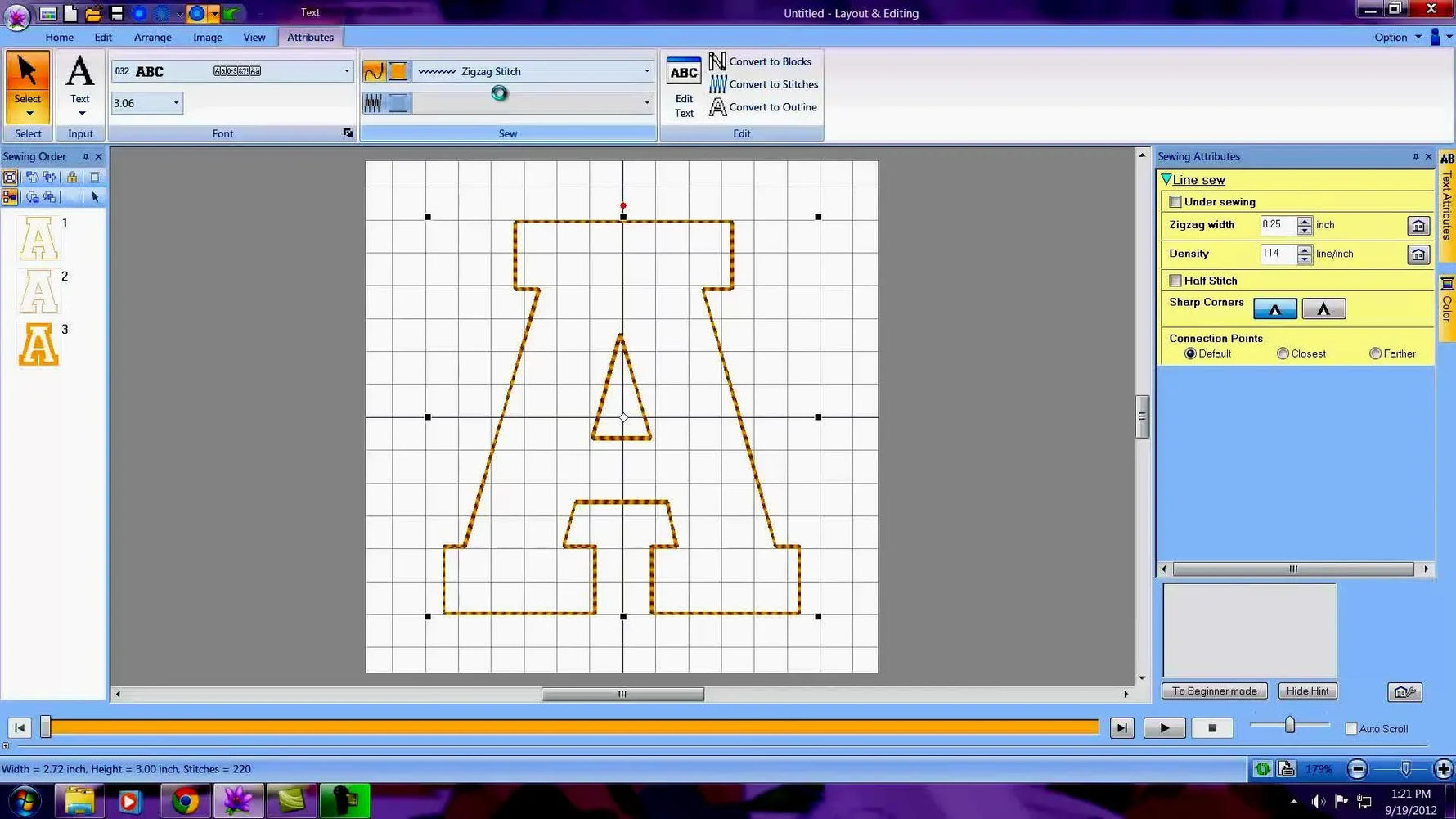 A finished appliqué letter “A” on screen with the third layer converted to a thick zigzag satin border in PE-Design Next.