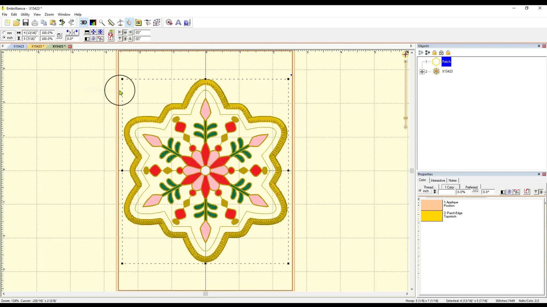 Embrilliance preview showing a golden satin Page Wrap border tightly contouring a snowflake design.