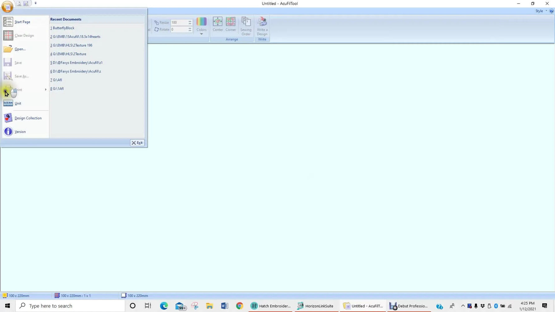 A screen capture of the AcuFil Editing Size dialog showing the minimum 100mm (3.94") constraint that drives the entire border-planning strategy.