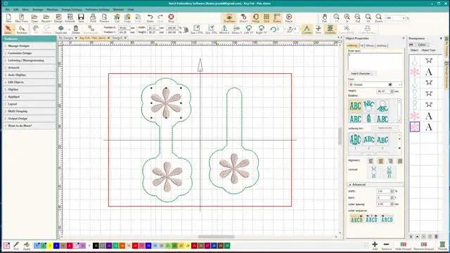 A screen graphic shows multiple finished in-the-hoop key fob styles, including fold-over and snap-tab versions, with fold points indicated.