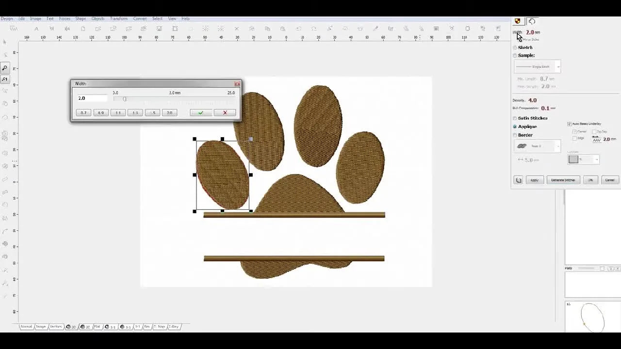 A close-up screen view in Wilcom Hatch showing the object properties set to Appliqué with a 3.0 mm width for a paw pad.