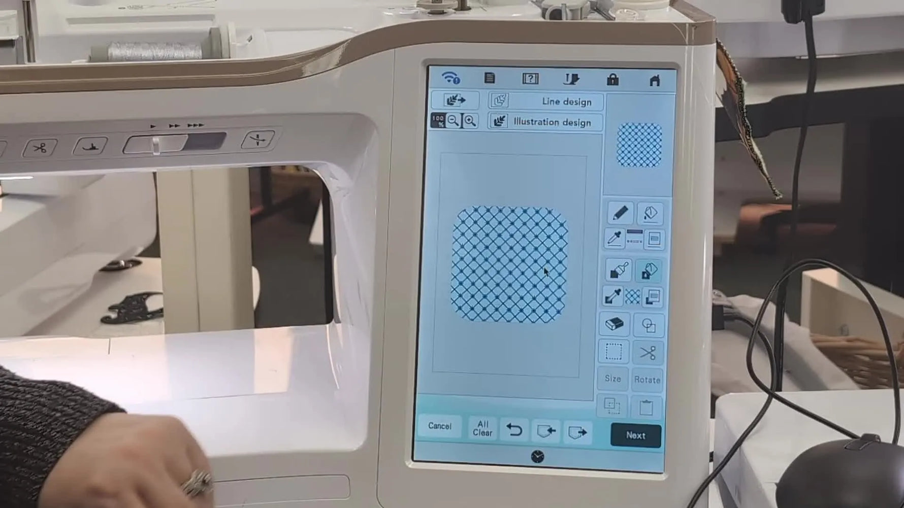 A rounded square on the Baby Lock Altair 2 screen is cleanly flood-filled with a cross-hatch pattern using the Bucket tool, showing the “right” result at a glance.