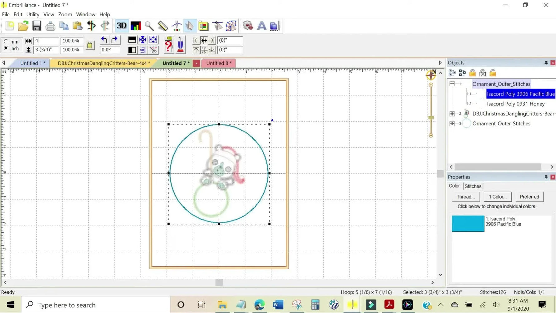 A screen capture in Embrilliance showing the user typing 4.50 into the size field to enlarge only the outer stitch layers while keeping the center design unchanged.