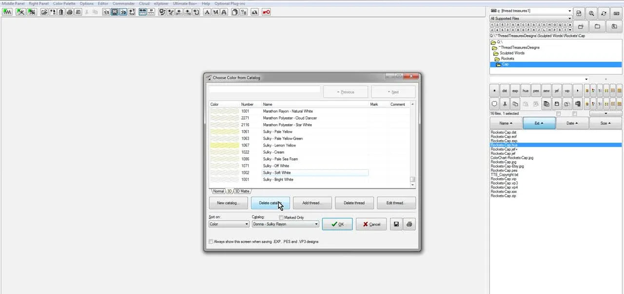 The Embird Manager dialog shows the moment you click “Delete catalog” to permanently remove a custom thread chart.