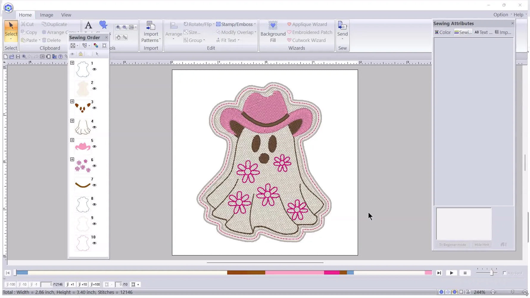 Embrilliance shows the completed Cowgirl Ghost patch design with its color stops and finished border visible on screen.