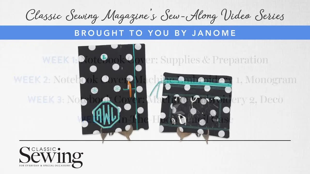 A finished in-the-hoop notebook cover and matching pencil case are displayed, showing the piping, pockets, and embroidery details you’re preparing for.