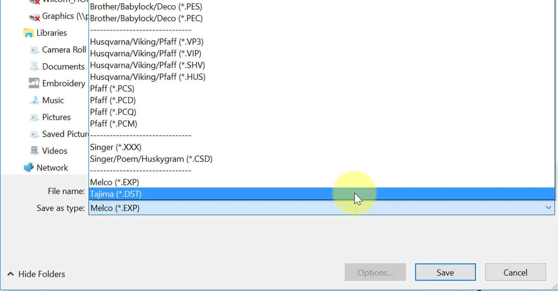 The Hatch “Export Design” dialog is open with the file type dropdown visible, showing how to choose the correct machine stitch format before saving.