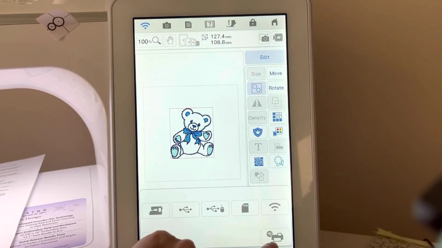 The Brother Luminaire memory screen highlights the ScanNCut icon used to wirelessly transfer the appliqué cut data.
