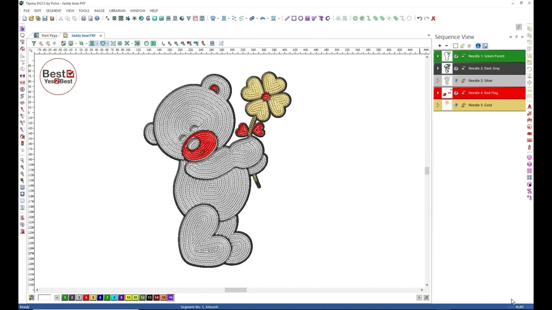 A digitizing software screen shows the completed teddy bear-with-clover design preview alongside a five-color stitch sequence list.