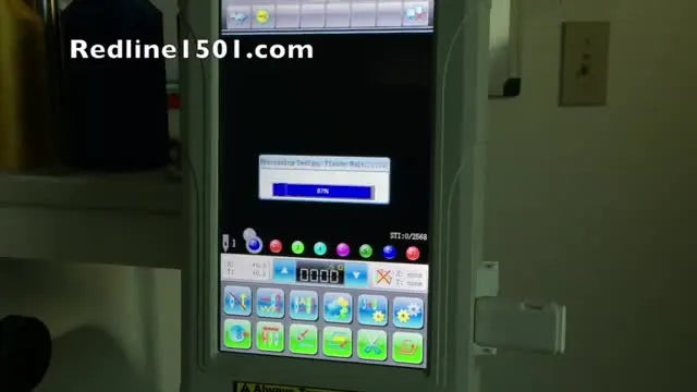 The Redline 1501 main screen shows a fully visualized design in white stitches, indicating the job is loaded and ready for safe setup before stitching.