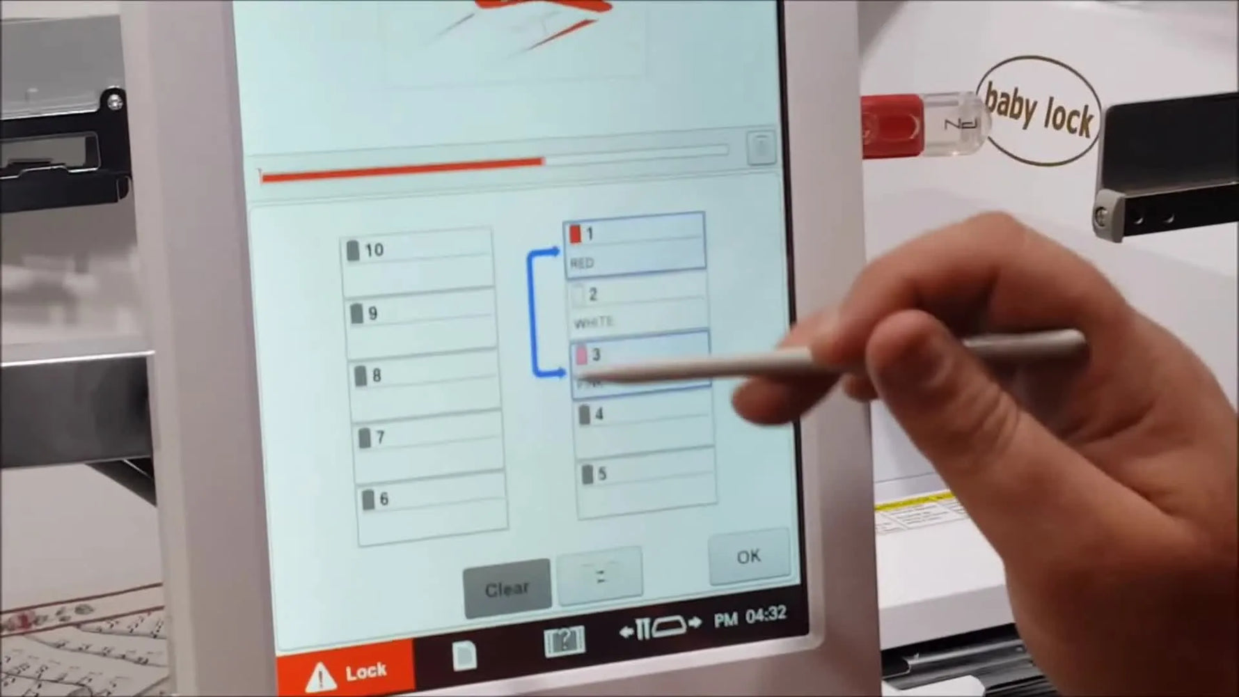 The Baby Lock Valiant Needle Swap screen shows a blue arrow linking Needle 1 to Needle 3, confirming the remap is locked in.