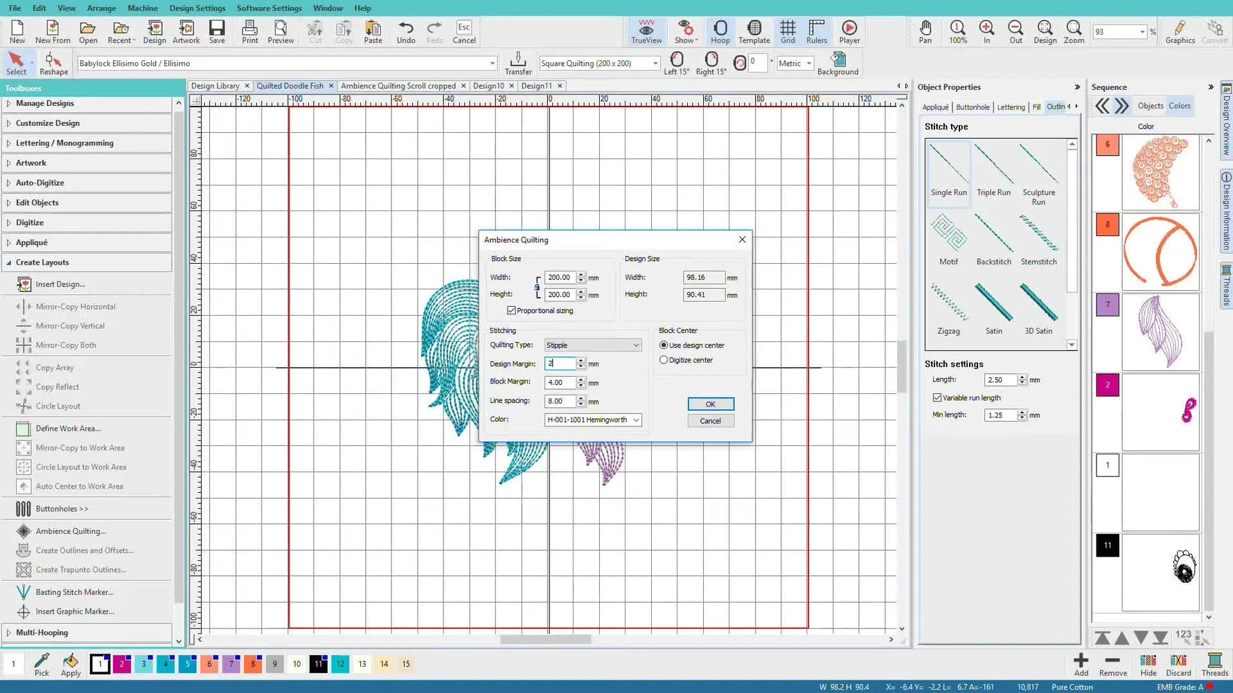 A close-up of the Hatch Ambiance Quilting dialog showing Design Margin and Block Margin set to 2.00 mm for a clean 200mm hoop layout.