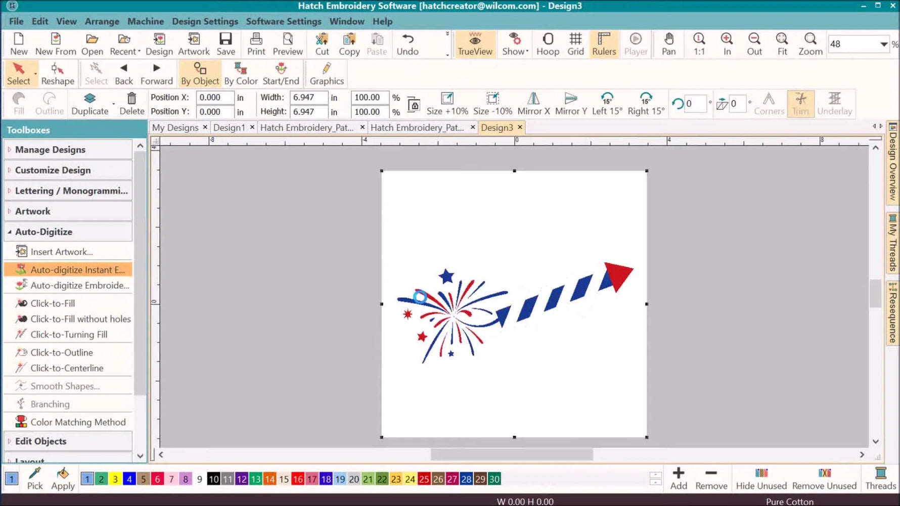 A screen capture of the Hatch interface showing the fireworks artwork converted into textured embroidery stitches after Auto-Digitize Embroidery.