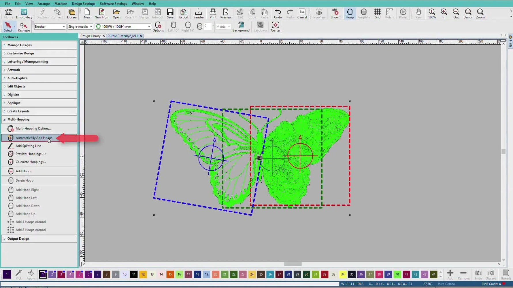 Hatch’s Multi-Hooping view shows the butterfly design covered by multiple colored hoop outlines after automatic hoop generation.