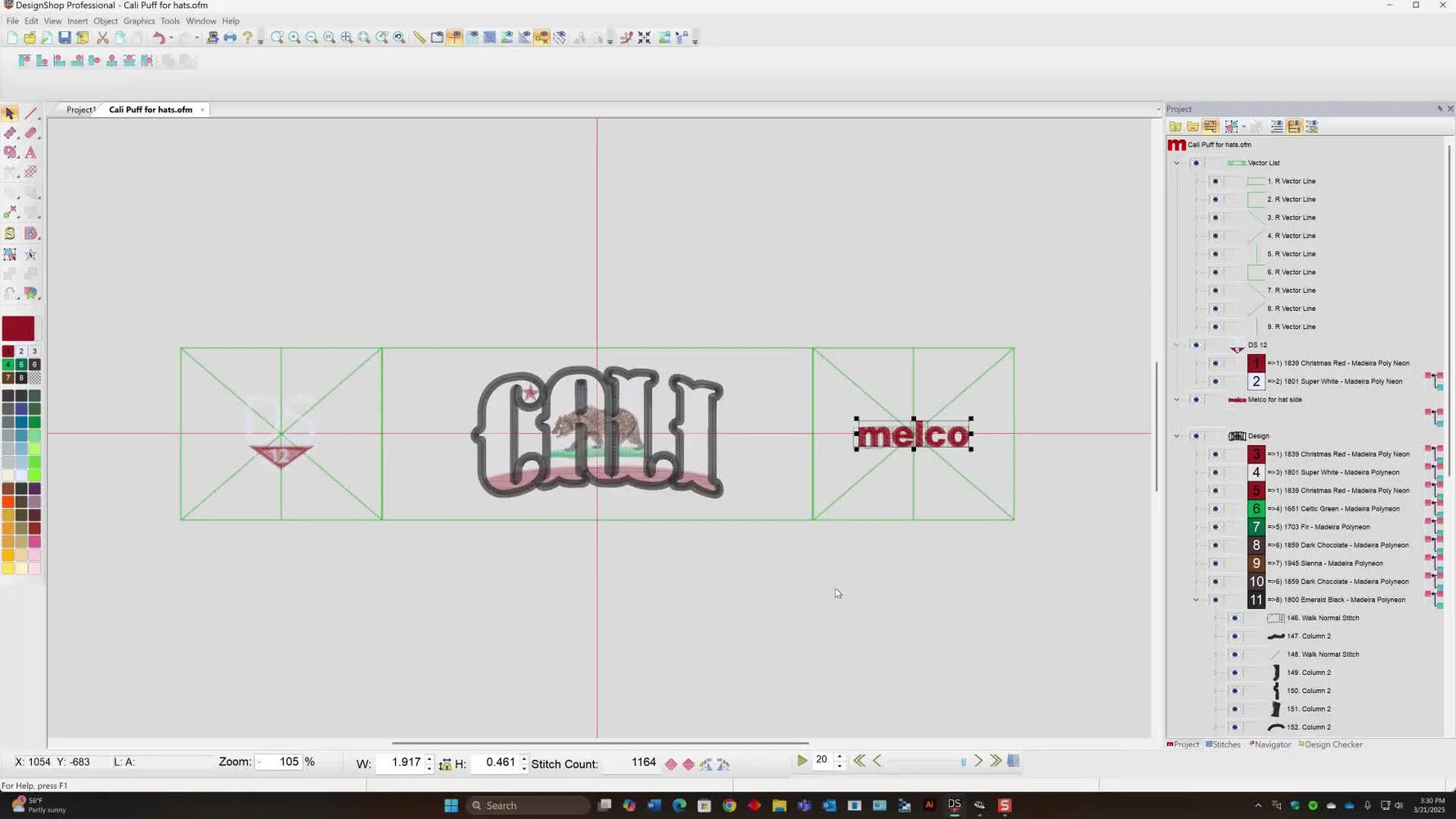 A Design Shop workspace shows a front cap logo and two side logos positioned inside green vector panel templates for a single-run hat layout.