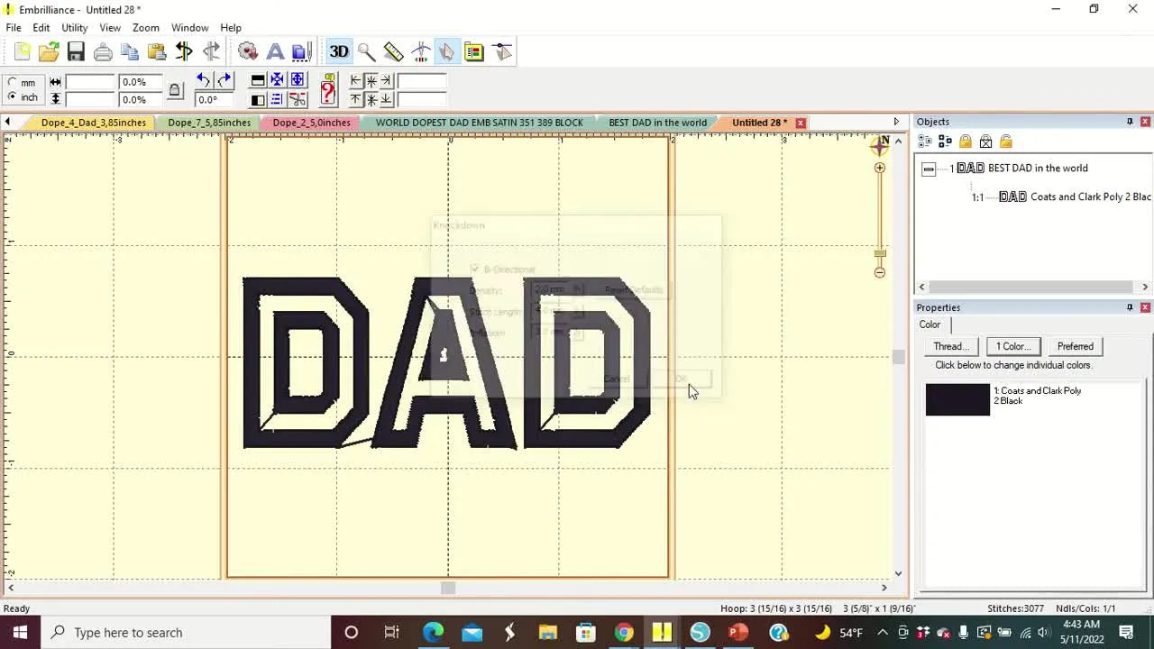 A close-up screen capture in Embrilliance shows a dense knockdown stitch layer behind the word “DAD,” previewing how the underlay supports towel embroidery.